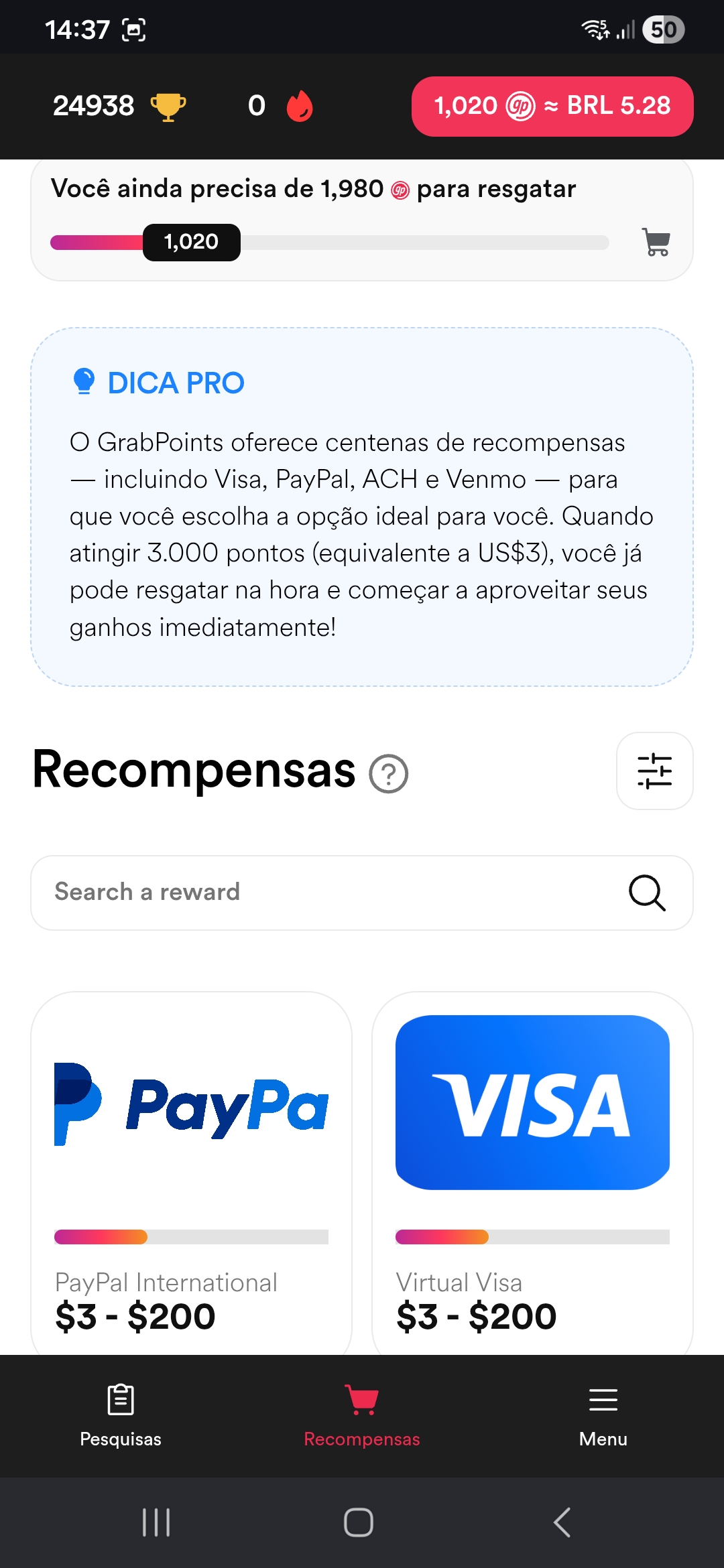 Histórico de Ganhos e Saldo